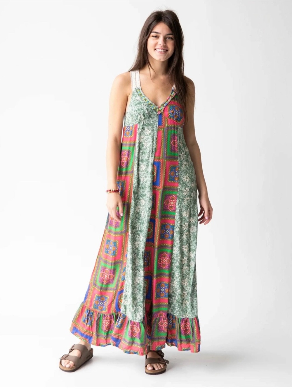 Natural Life Amina lace maxi dress boho beaded patchwork floral size M